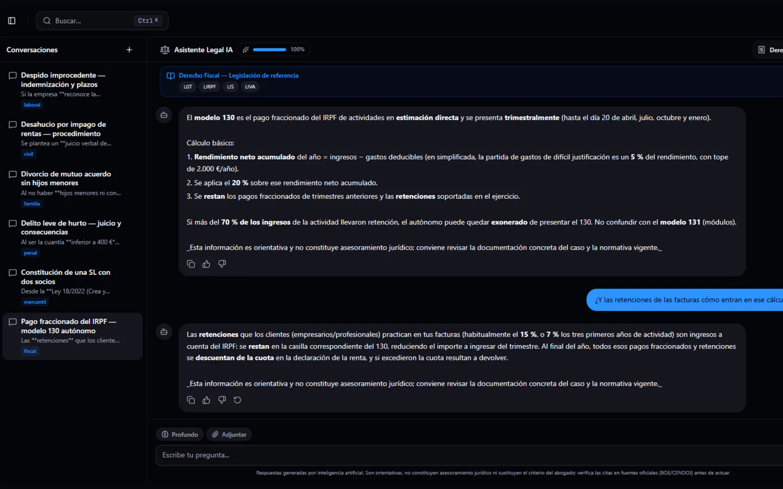Asistente de IA juridico de Legaltis respondiendo sobre plazos procesales y normativa con cita de fuentes y herramientas integradas